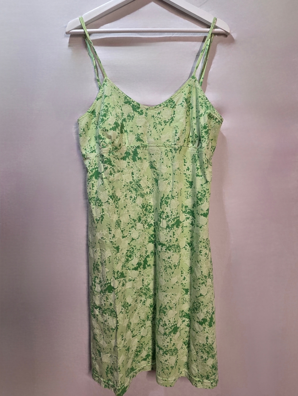 90s ICANTOO Cotton Summer Sundress Sz M Green Babydoll Dress Seashell Pattern